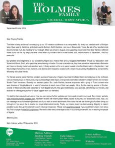 Mark Holmes Prayer Letter:  Active Furlough