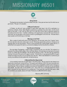 Missionary 6501 Prayer Letter: Giving Thanks!