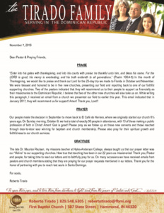 Robert Tirado Prayer Letter:  Enter Into His Gates With Thanksgiving