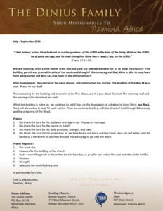 Tom Dinius Prayer Letter:  Construction Has Started!