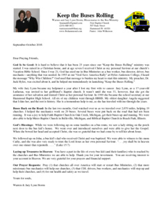 Warren Storm Prayer Letter:  23 Years of "Keep the Buses Rolling"