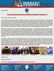 Chad Inman Prayer Letter:  All the Treasures of Wisdom and Knowledge