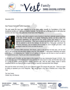 Charlie Vest Prayer Letter: Discipleship