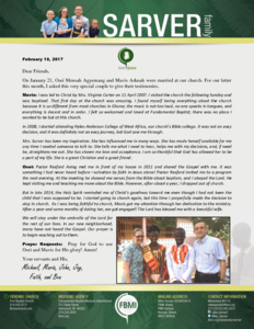 Mike Sarver Prayer Letter:  A Couple With Their Focus on Christ