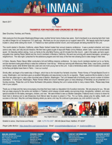 Chad Inman Prayer Letter:  Thankful for Pastors and Churches in the USA