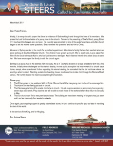 Andrew Steers Prayer Letter:  Evidence of God's Working