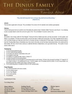Tom Dinius Prayer Letter: A Great Start to the Year