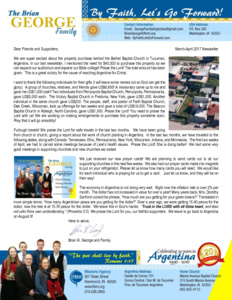 Brian George Prayer Letter:  Praise the Lord! $40,000 Given for the Property Need!