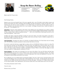 Warren Storm Prayer Letter:  Keeping the Buses Rolling