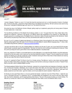 Bob Bowen Prayer Letter:  Month-Long Trip in Southeast Asia