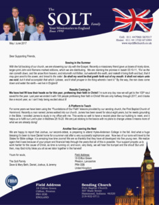 Dave Solt Prayer Letter: Sowing in the Summer