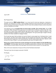 Jeremy Snipes Prayer Letter:  Missions Trips to Italy and Tanzania