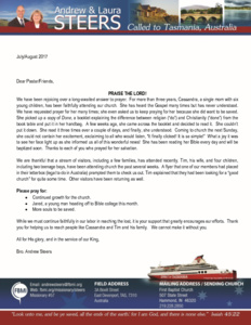 Andrew Steers Prayer Letter:  Faithfulness Rewarded