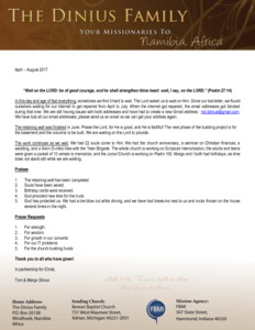 Tom Dinius Prayer Letter:  WAIT on the Lord!
