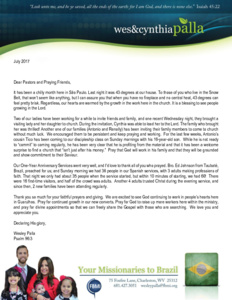 Wes Palla Prayer Letter:  One Year In