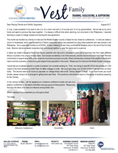 Charlie Vest Prayer Letter:  Missions Trips to India and the Middle East