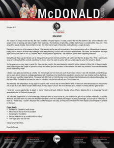 Corey McDonald Prayer Letter:  Seasons