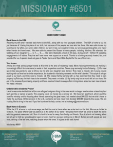 Missionary #6501 Prayer Letter: Back Home