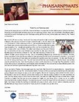 Teerapat and Tiffany Phaisarnpiwat Prayer Letter: Thank-You and Testimony Letter